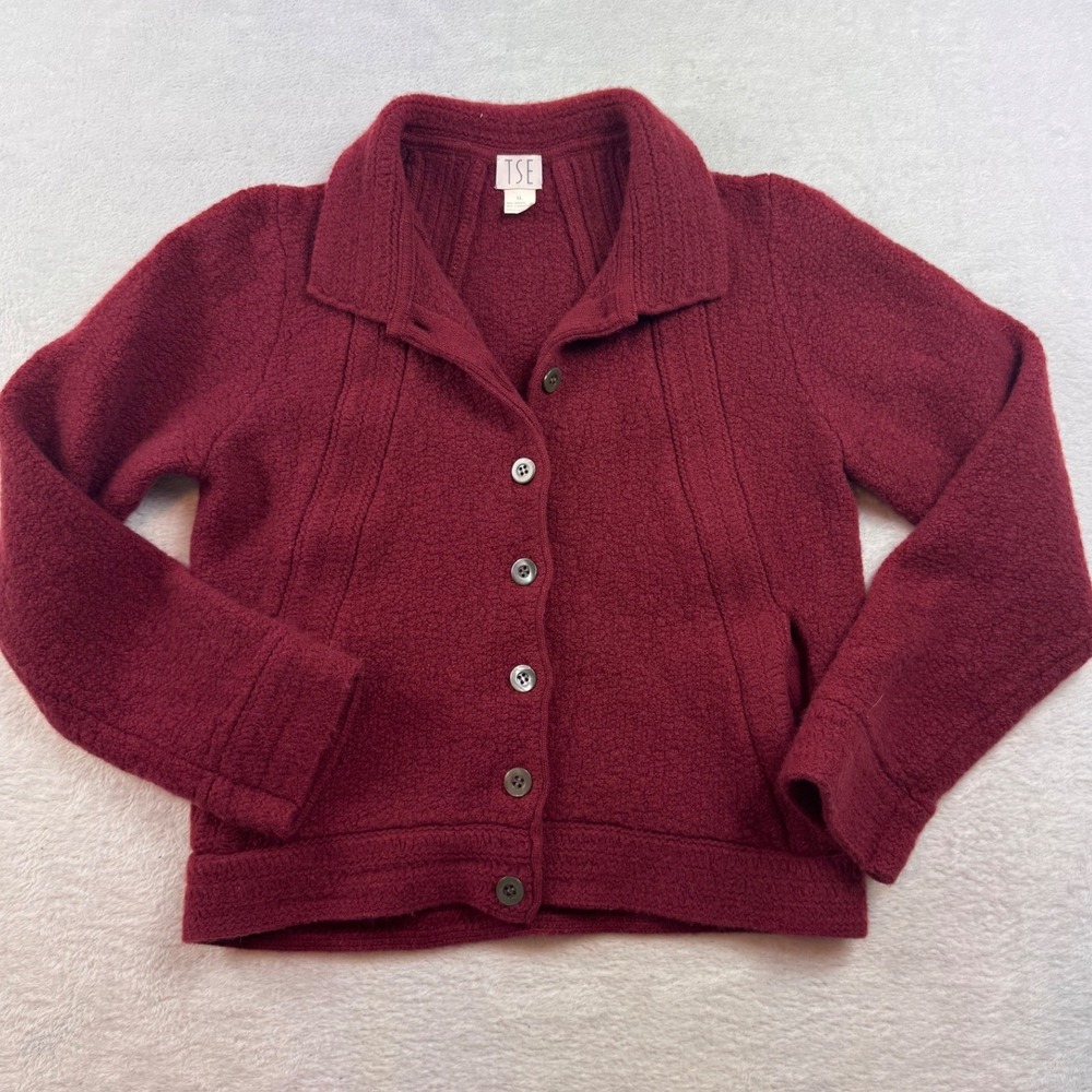 TSE Burgundy Wool Cashmere Button Front Cardigan Jacket XS Small